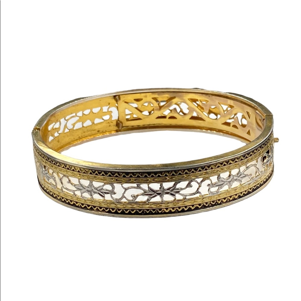 Antique Cheever Tweedy & Co. Edwardian Filigree Enamel Hinged Bangle Bra…